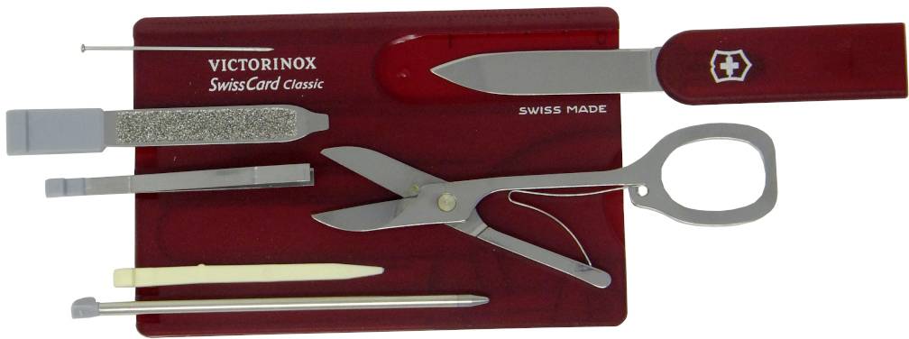 Ett rött Victorinox SwissCard Classic med sax, nagelfil, kniv, pincett och kulspetspenna, alla noggrant integrerade.