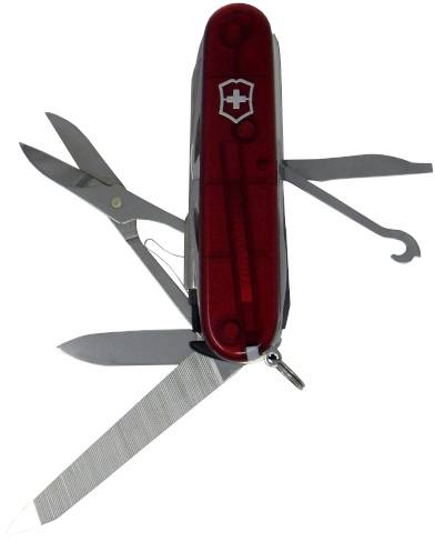 En röd schweizisk fällkniv med öppnade verktyg, inklusive sax, kniv, fil och flasköppnare.