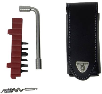 Fickskruvmejselsats med röd bitshållare, silverfärgat handtag, korkskruv och svart läderfodral.