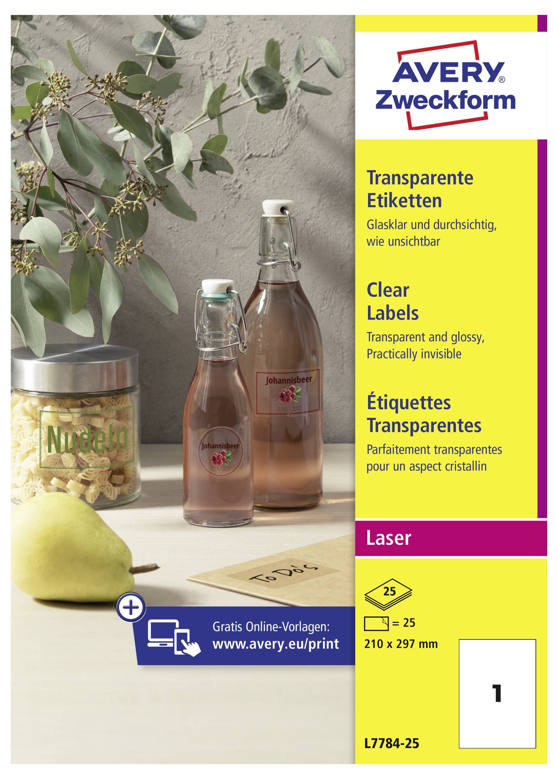 Avery Zweckform genomskinliga laseretikett-förpackning med transparenta glansiga etiketter, 210 x 297 mm, 25 ark, produktkod L7784-25.