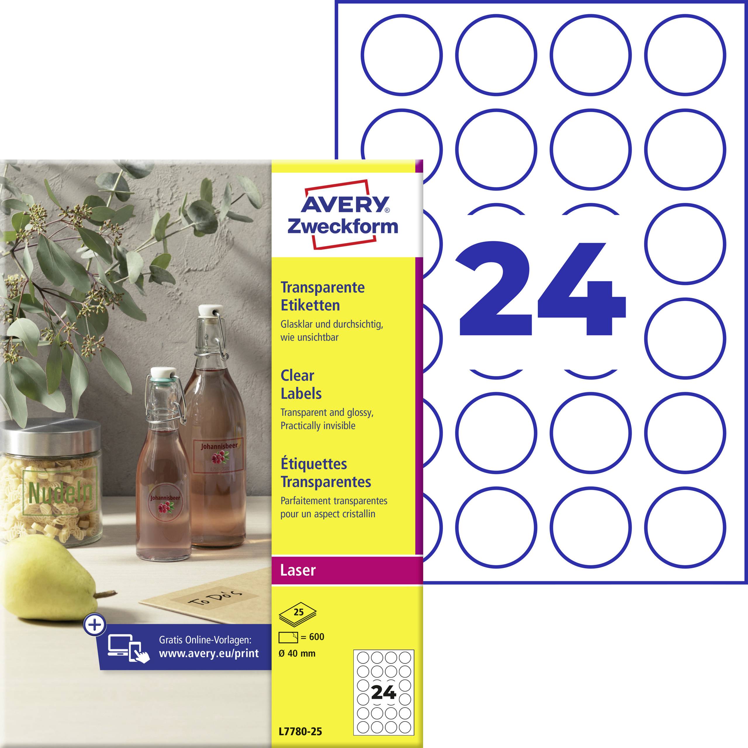 Avery Zweckform transparenta etikettpaket med 24 cirkulära etiketter för laserskrivare; förpackningen visar klara etiketter och exempelproduktklappar.
