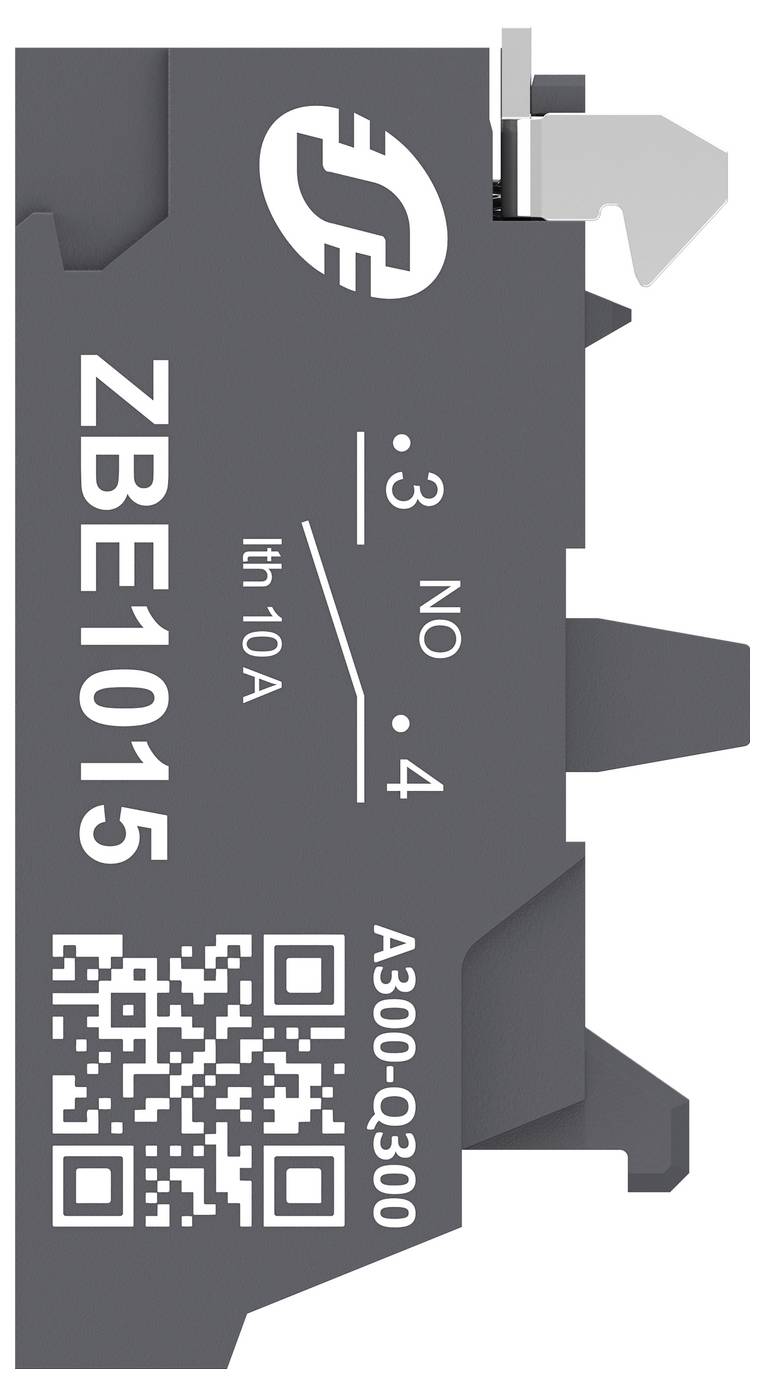 Närbild av en strömbrytare märkt 'ZBE1015', '3 NO', '4', 'Ith 10A', 'A300-Q300', med en QR-kod.