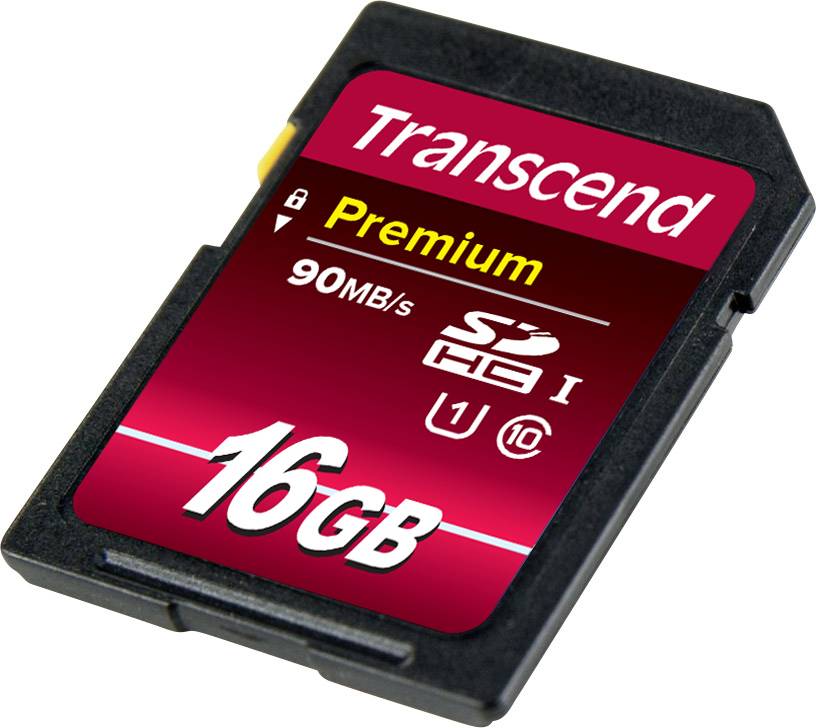 16GB SD-kort från Transcend, Premium Edition, med läshastighet på 90 MB/s, lämplig för U1 och Class 10-tillämpningar.
