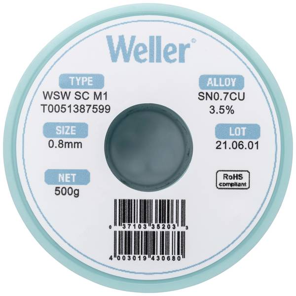 Weller WSW SC M1 Lödtenn, blyfri Spole Sn0,7Cu 500 g 0.8 mm