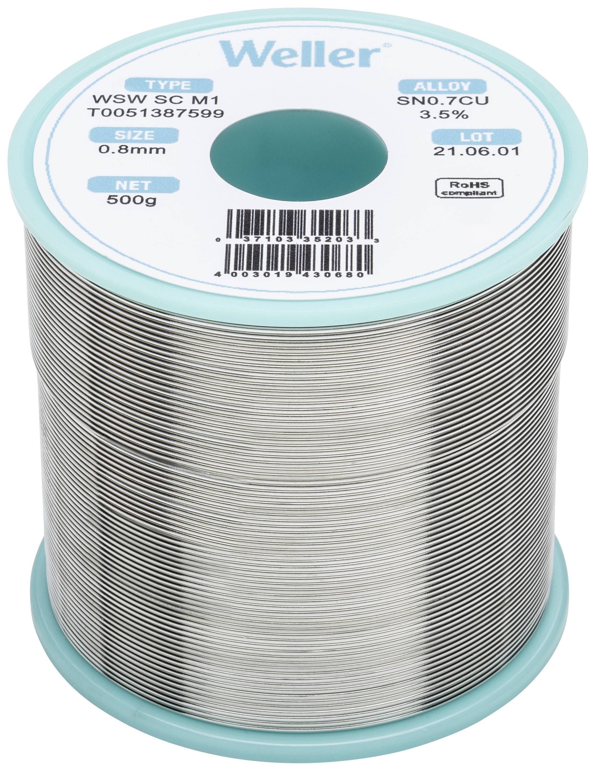 Lödtrådsrulle märkt 'Weller'. Typ: WSW SC M1, Storlek: 0,8 mm, Legering: SN0.7CU, Mängd: 500 g. Produktionsdatum: 21.06.01.