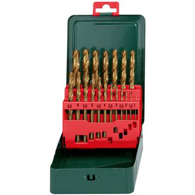 Öppen borrbitsats i ett grönt och rött fodral, med flera guldcolored bitar arrangerade efter storlek.