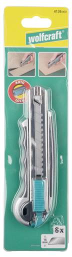Wolfcraft autolåsande universalkniv i förpackning. Utrustad med ergonomiskt grepp och utbytbara blad. Lämplig för skärning av olika material.
