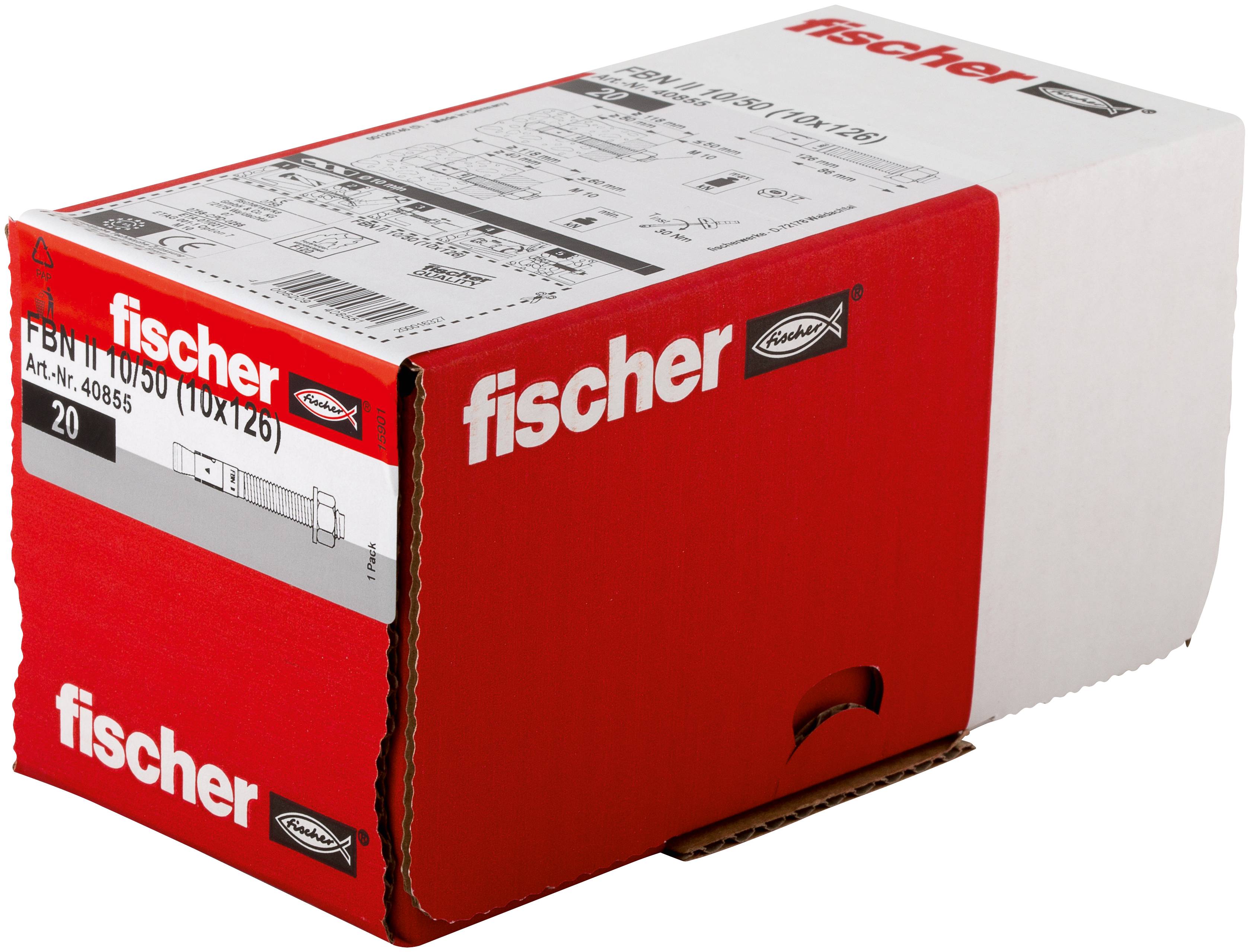 Röd Fischer produktbox med vit etikett som visar artikeldetaljer och en liten teknisk ritning.