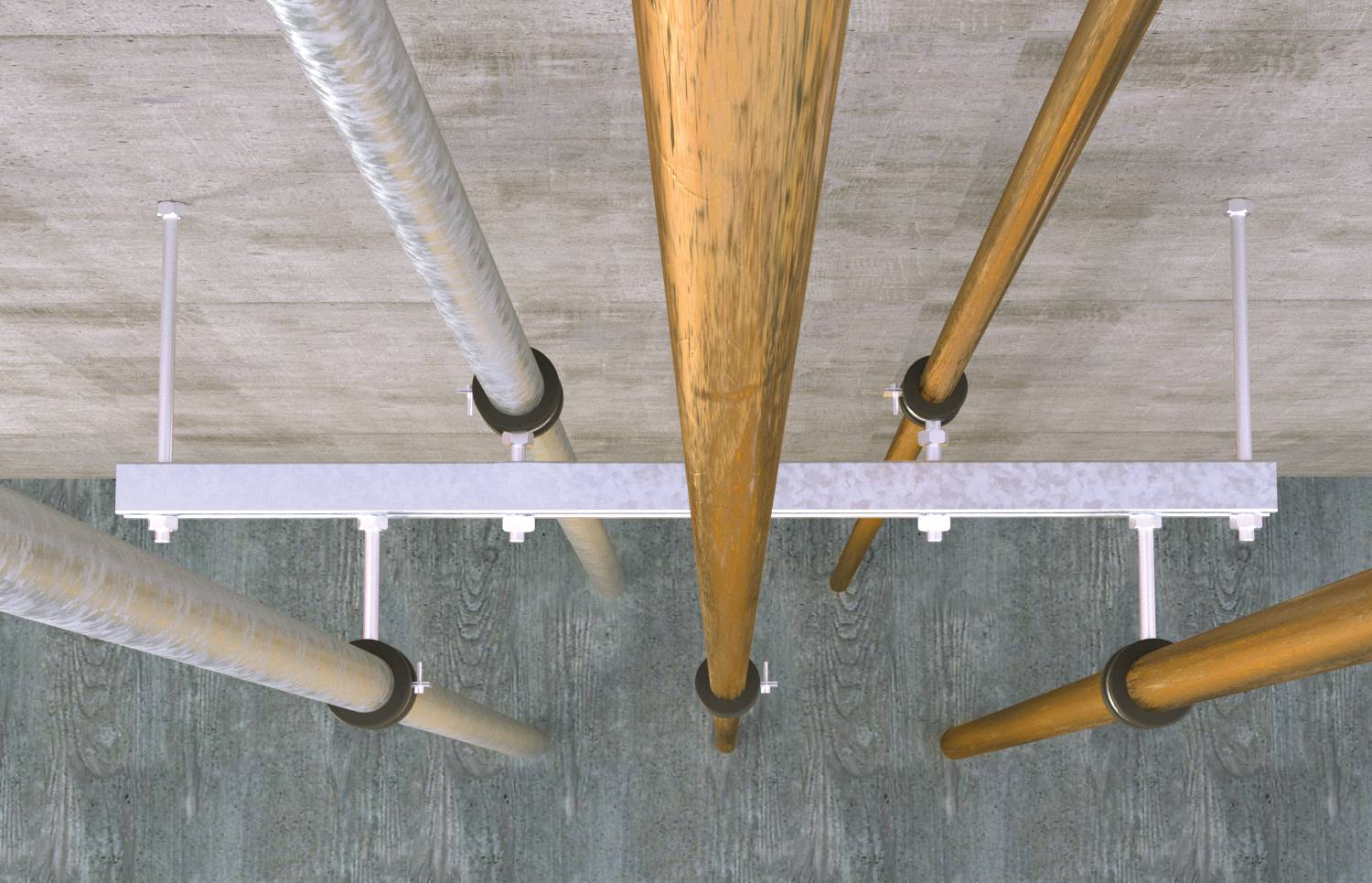 Överskuande vy av flera långa trä- och metallstänger monterade på en takbalk, sett mot betongväggar och golv nedan.