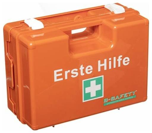 En orange första hjälpen-väska märkt 'Första Hjälpen' med en vit kors-symbol, som indikerar medicinska akutförnödenheter inuti.