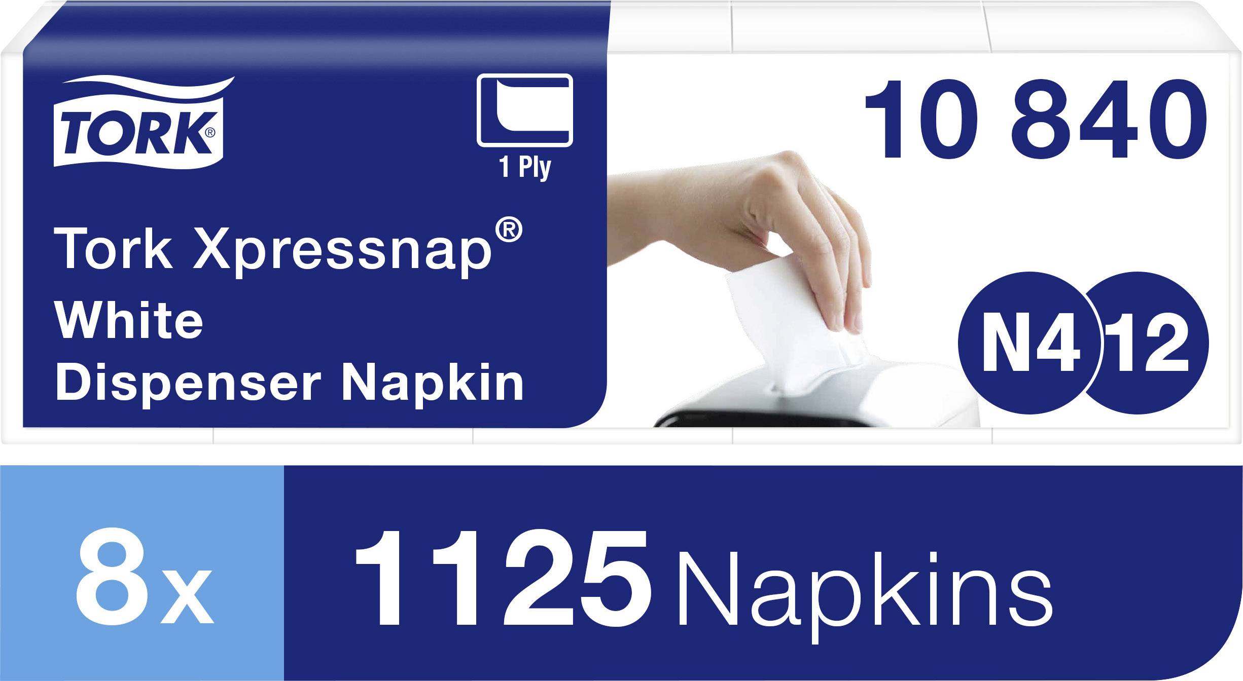 Servettförpackning från Tork Xpressnap, 8 förpackningar à 1125 vita servetter, artikelnummer 10840. En hand tar ut en servett.