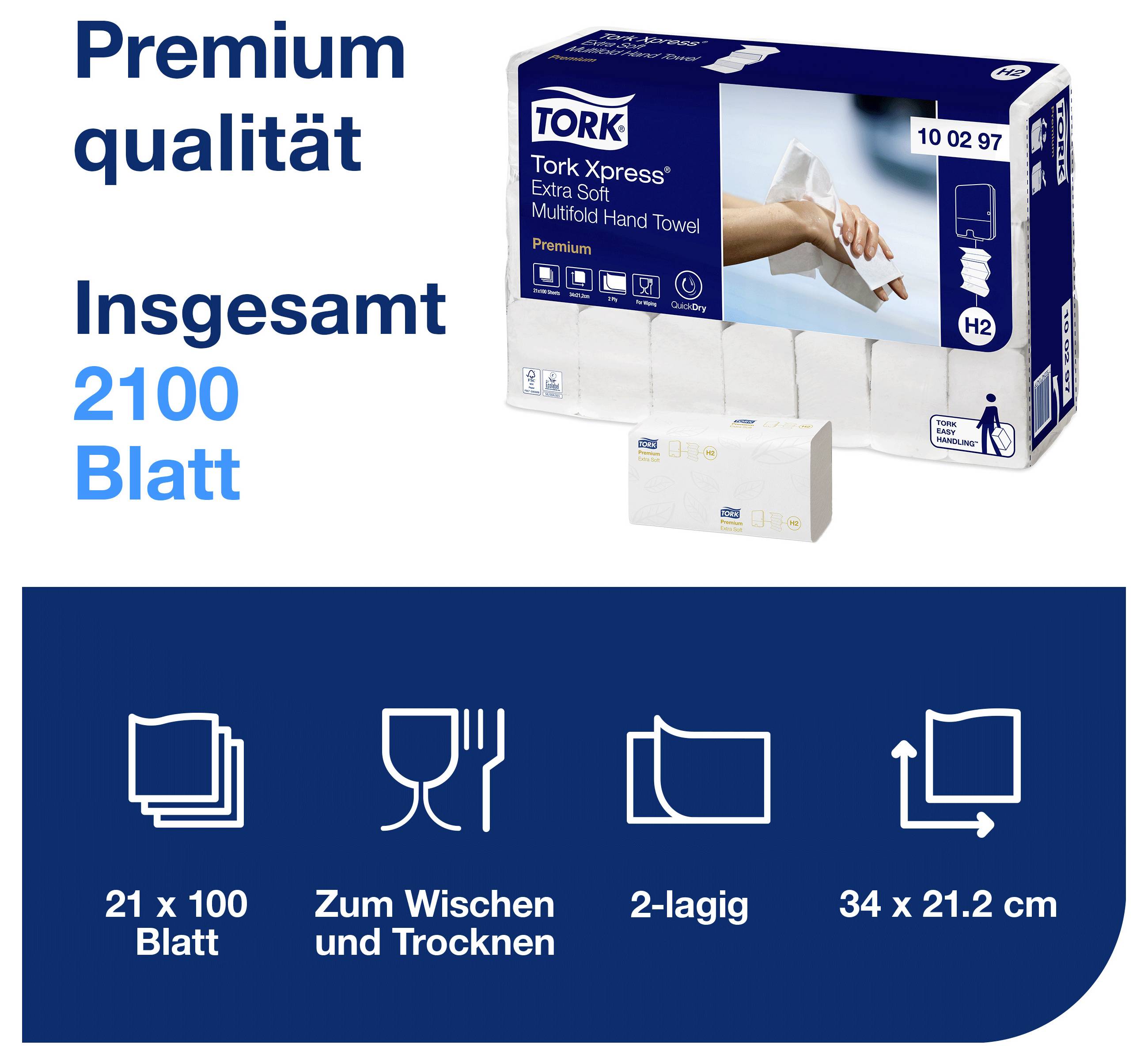 Werbebild för Tork Extra Soft Multi-fold Handdukar: Premiumkvalitet, totalt 2100 blad; 2-lager, för torkning och avtorkning, 34 x 21,2 cm.