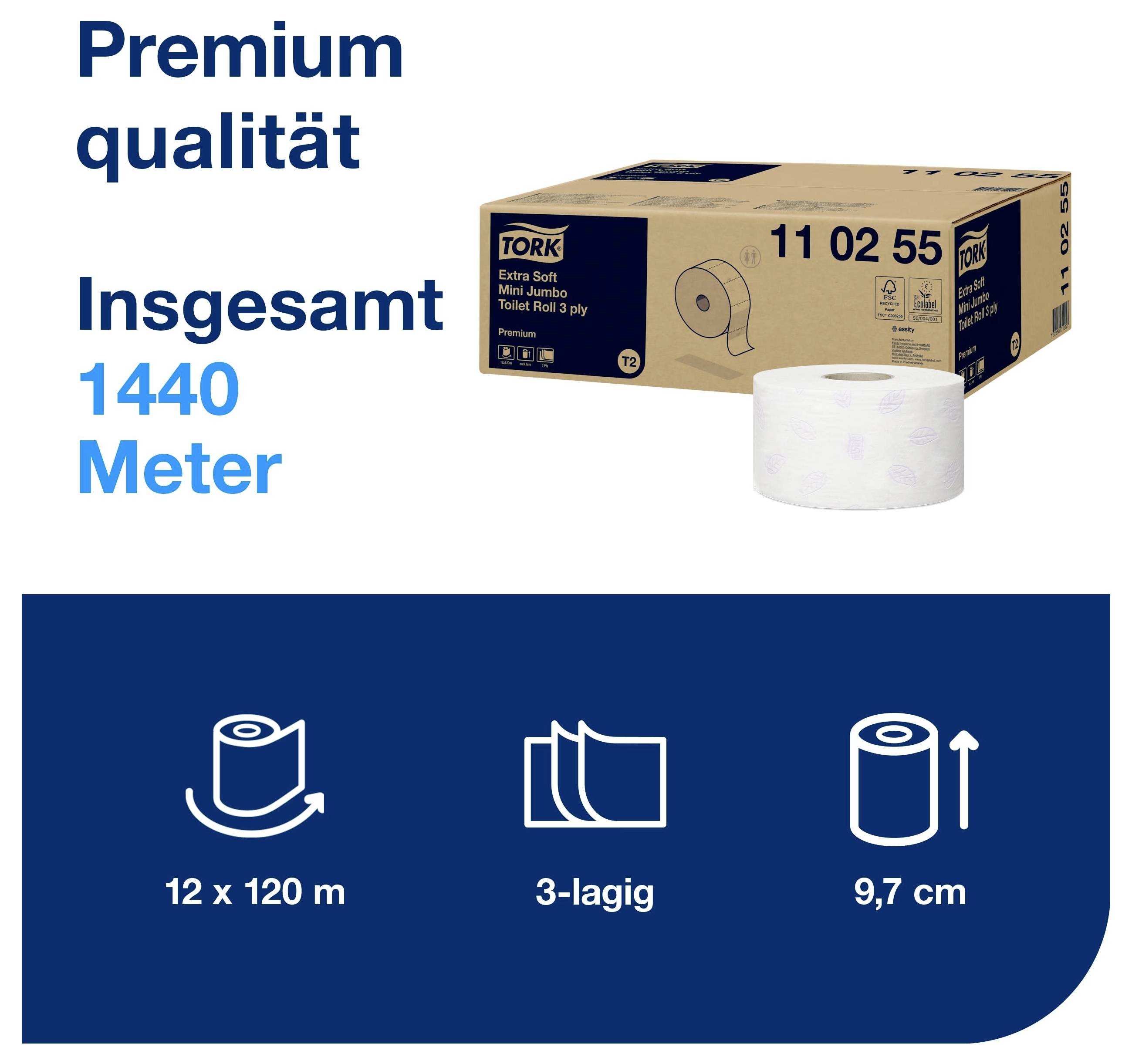 Annons för Tork toalettpapper: Premiumkvalitet, totalt 1440 meter, 12 x 120 m, 3-skiktigt, 9,7 cm brett; förpackning och rulle visas.