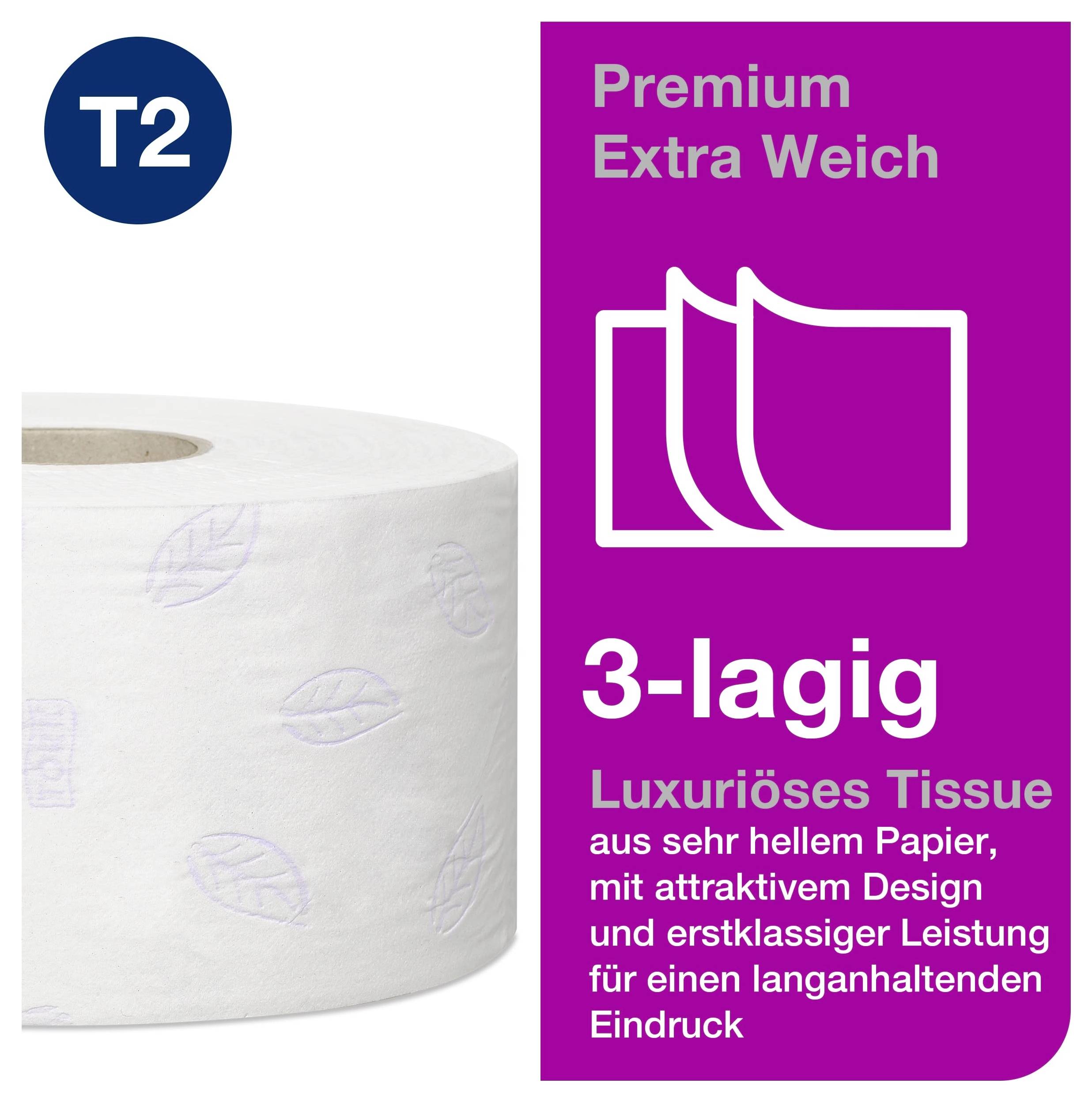 Förpackning för toalettpapper: vit 3-skiktad rulle 'Premium Extra Mjuk' från T2, till höger med lila annonsyta och produktbeskrivning.