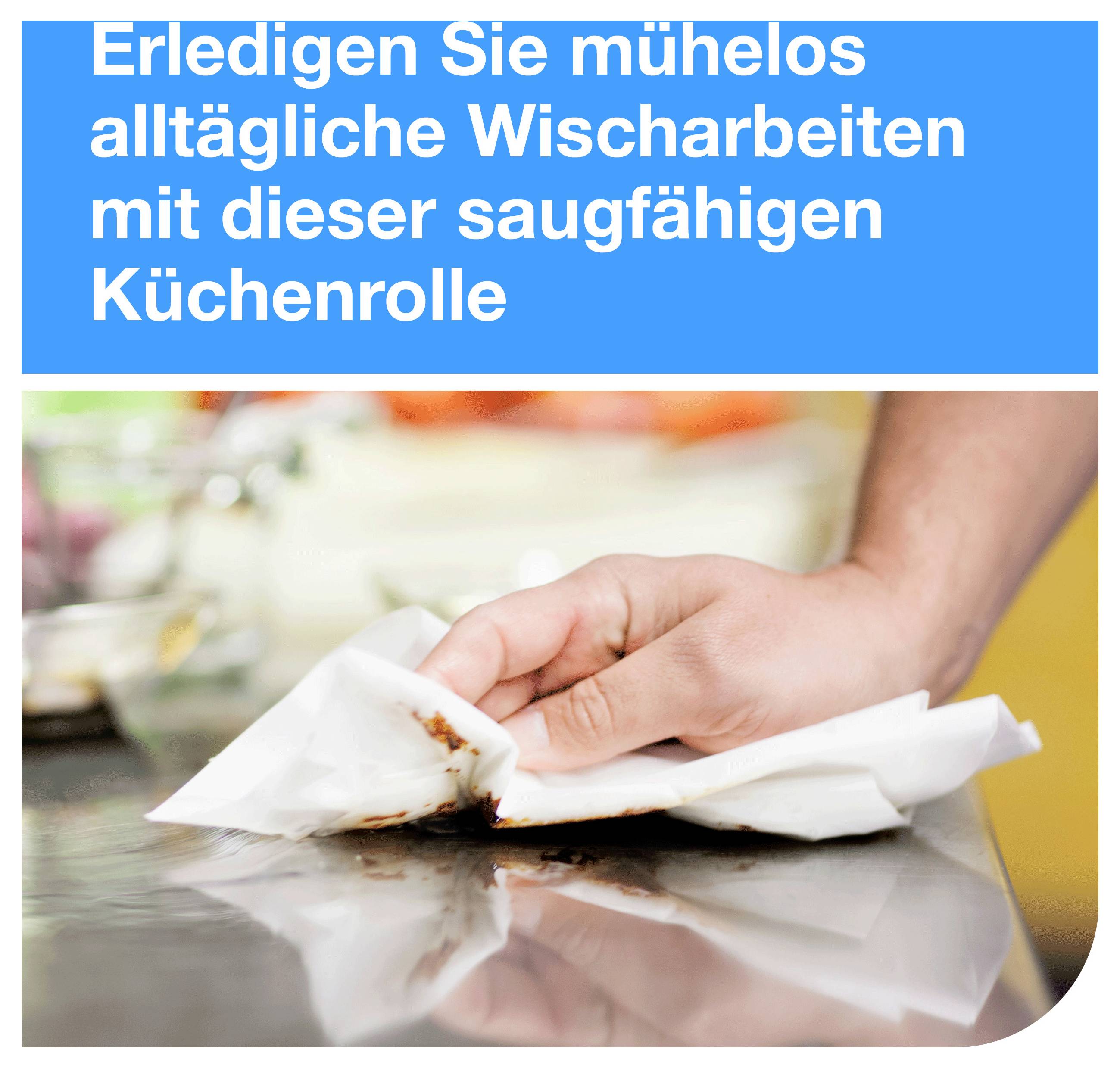 Reklamtexten visar en hand som torkar en smutsig yta med absorberande kökspapper.