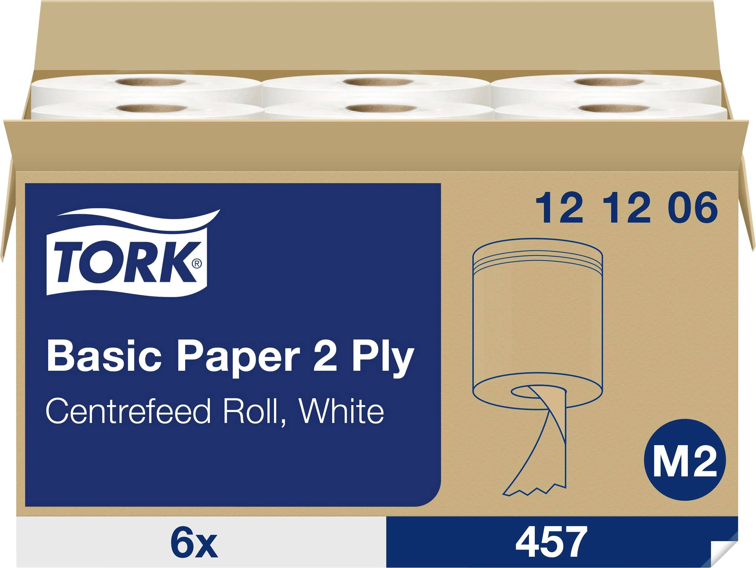 En förpackning toalettpapper, märke 'Tork', med sex rullar tvålagers papper, centrerad avrullning, färg Vit.