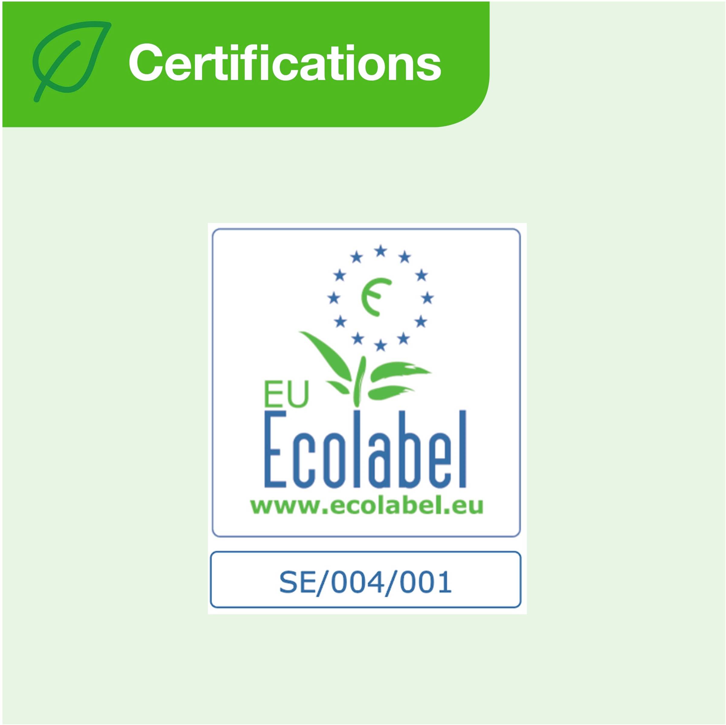'EU Ecolabel-logotyp med text 'www.ecolabel.eu' och certifikatnumret 'SE/004/001'. Grön bakgrund med ordet 'Certifieringar'.'