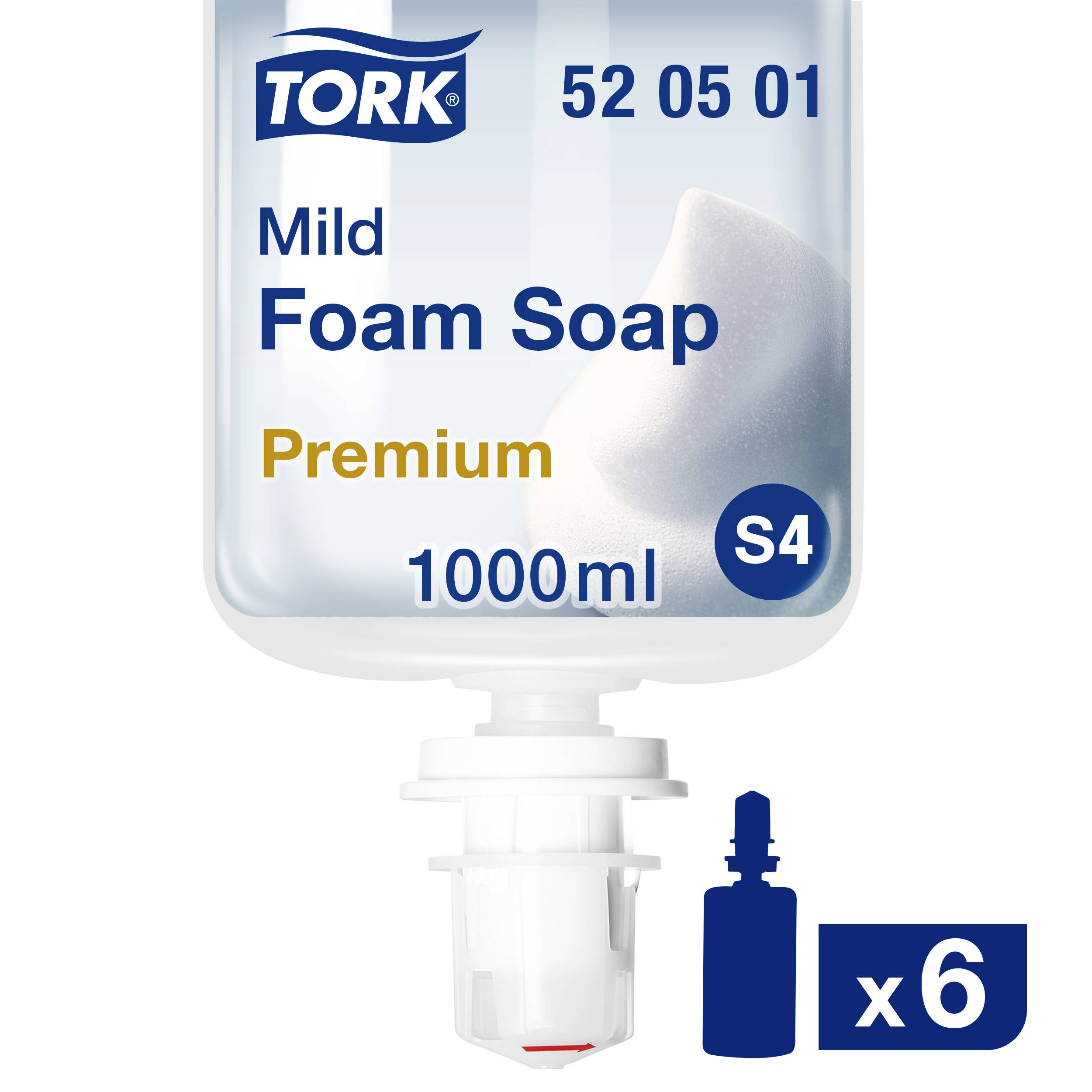 Tork Mild Skumtvål 'Premium', 1000ml med artikelnummer 52 05 01. Bilderna på seienbehållaren nedan visar lämplighet för dispenser. Förpackningen innehåller 6 stycken.