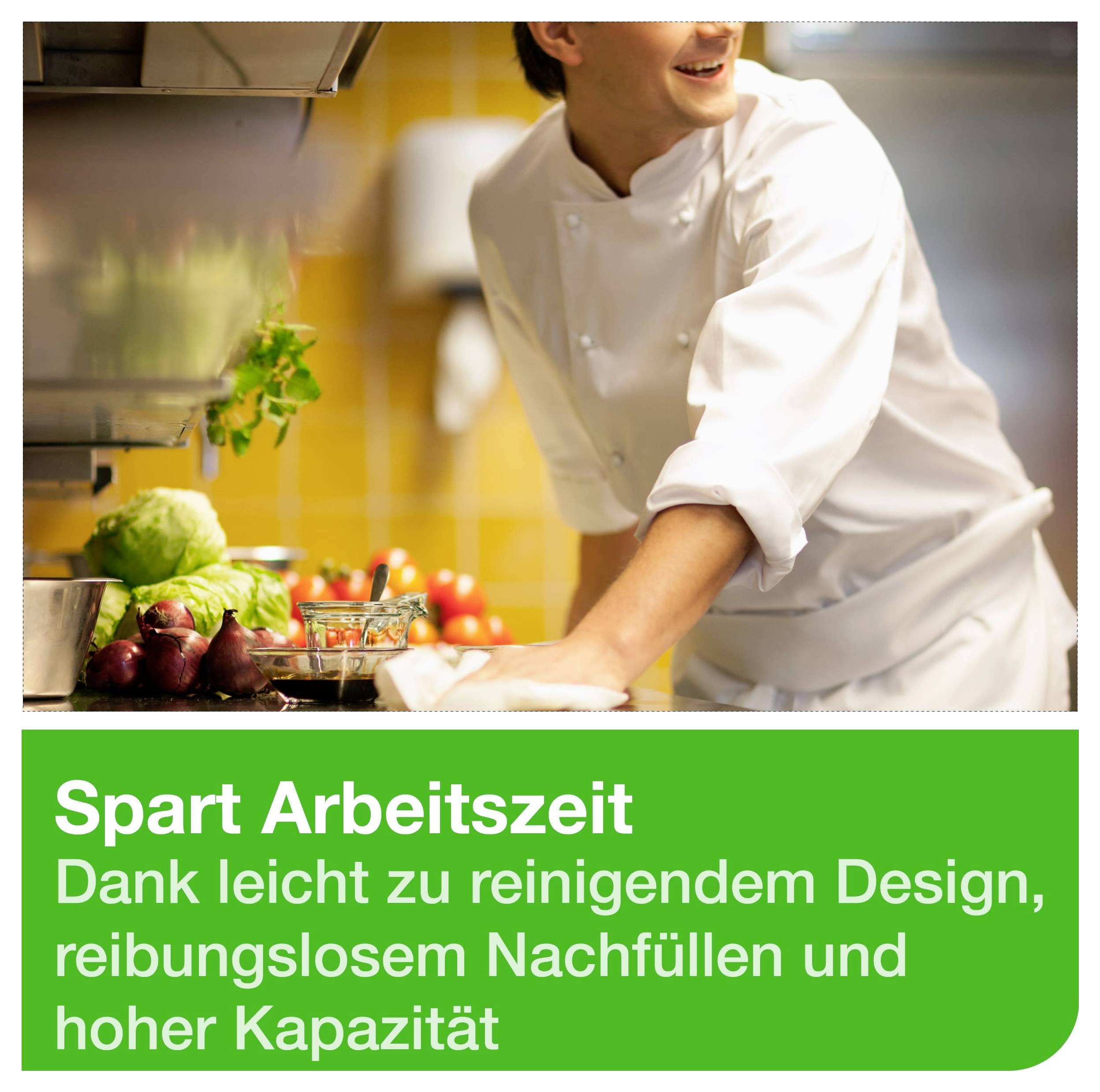 Kock i vita uniform i professionellt kök; reklambudskap: 'Sparar arbetstid' tack vare lätt att rengörande design, smidig påfyllning och högt kapacitet.