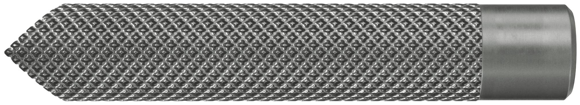 Metallisk roterande fräs med spetsig spets och texturerad cylindrisk skaft, övertopp med en slät silverfärgad ände.