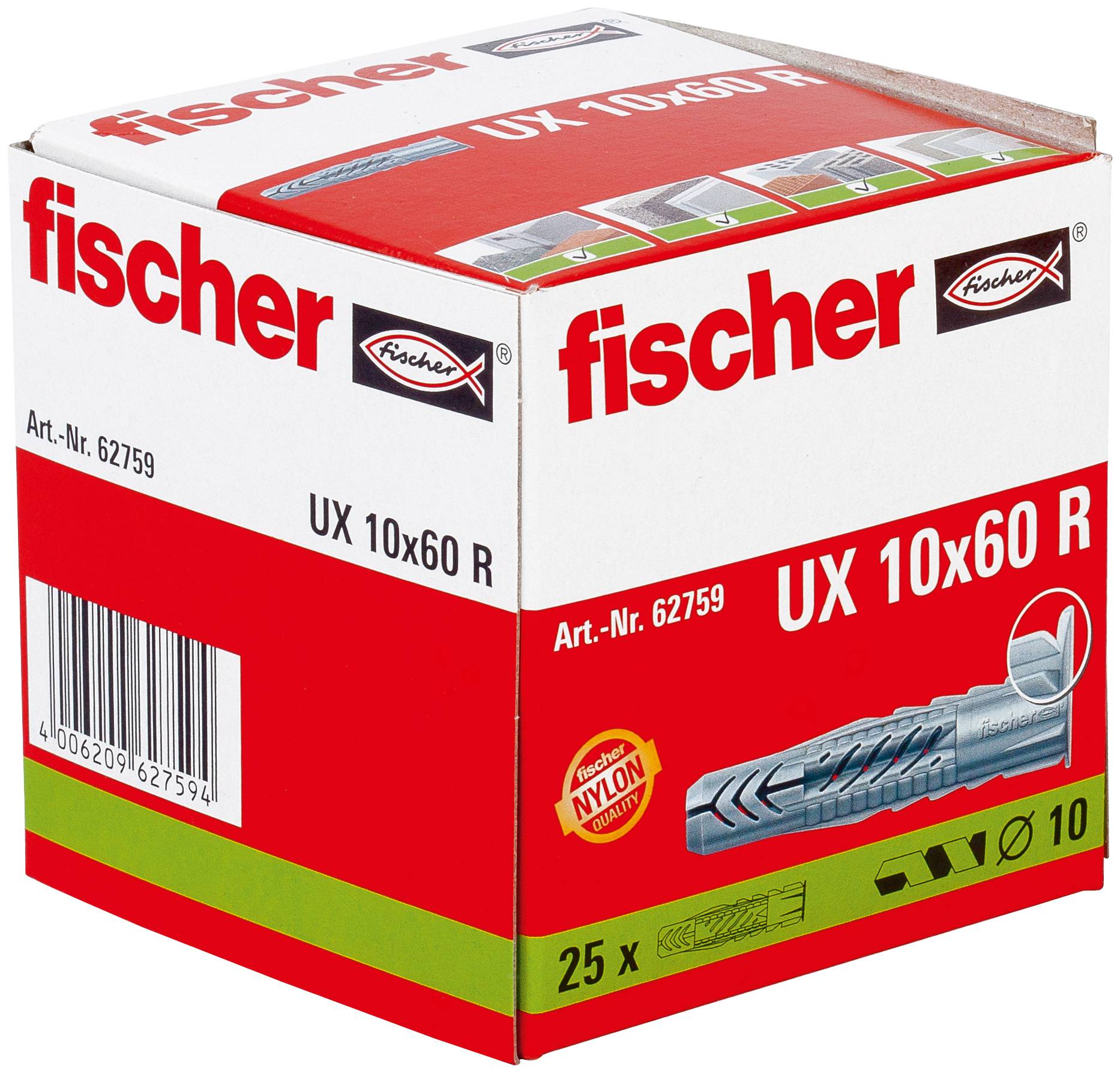 Låda med Fischer UX 10x60 R nylonnyplugg, 25-pack, med produktbild och artikelnummer 62759.