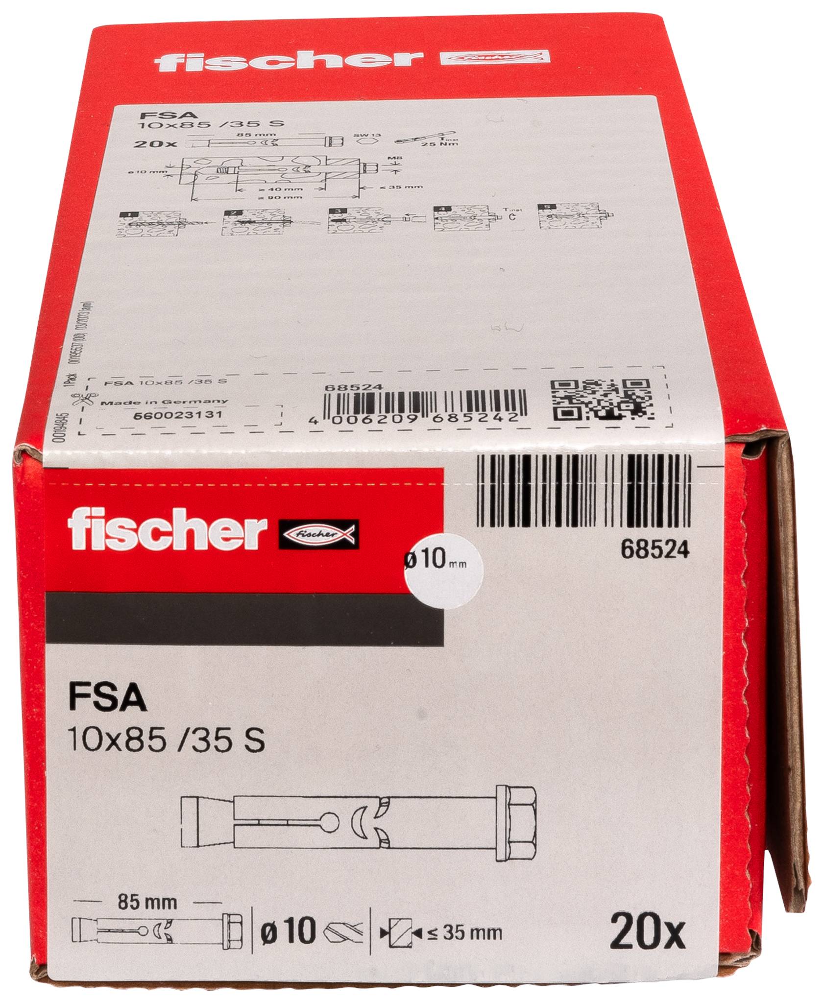 Rood Fischer FSA-ankare fastener-låda märkt "FSA 10x85/35 S" med antal 20x och ett produktdiagram på framsidan.