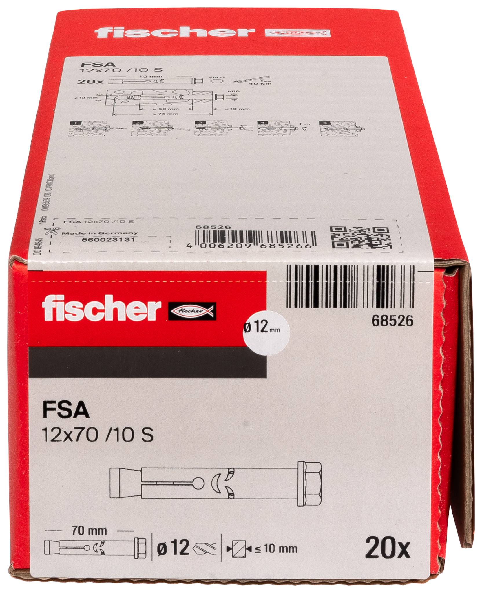 Röd Fischer-låda för FSA 12x70/10 S väggankare, visar produktdiagram, 12 mm storlek och 20-packnings räkning.
