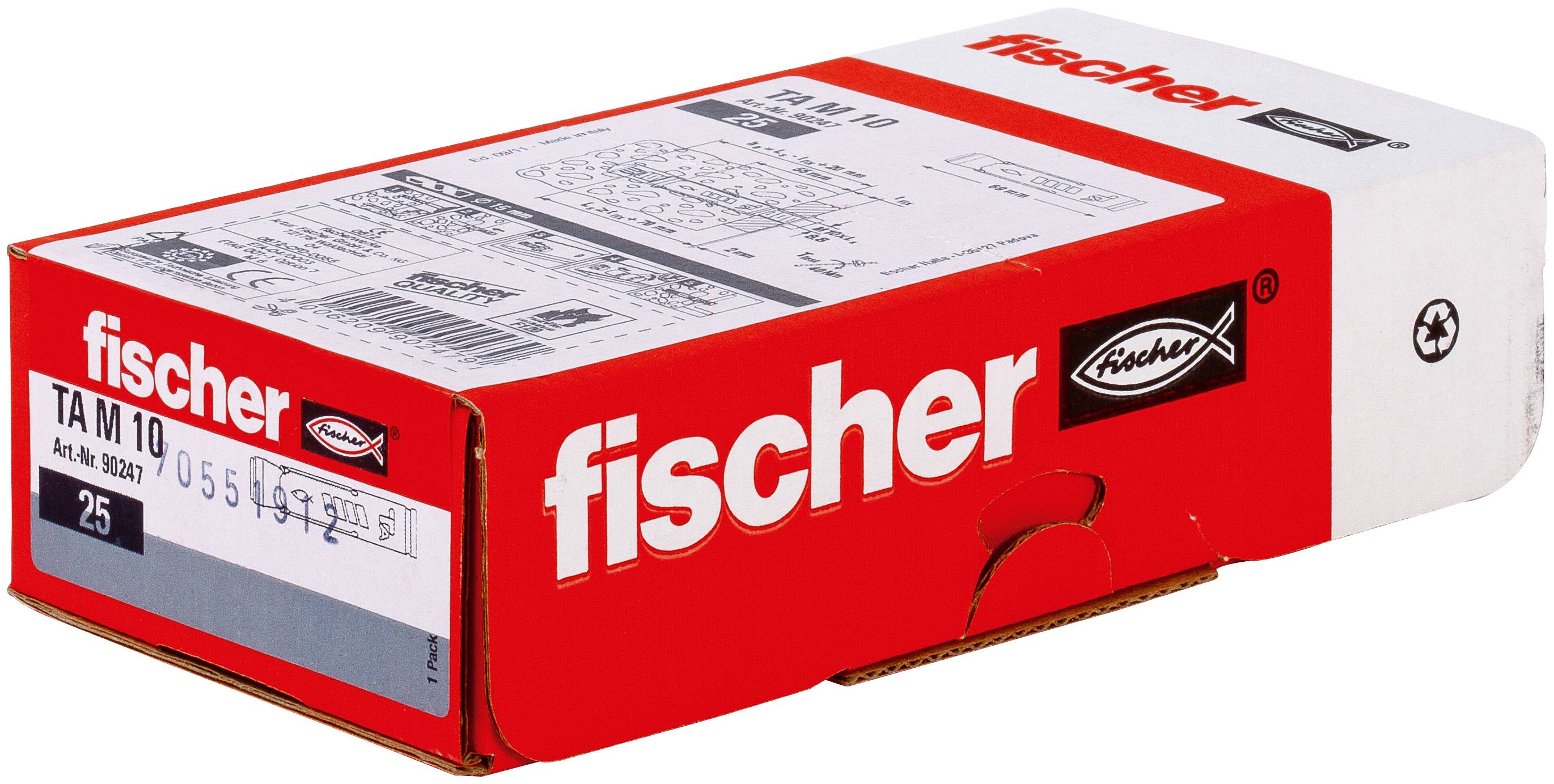 Röd Fischer-plastankarpåse märkt med "fischer" och "TA M 10", visad på en vit bakgrund.
