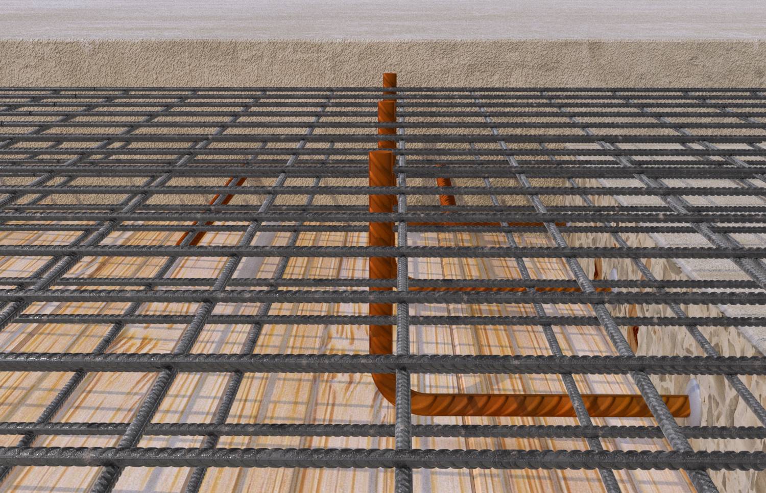 Närbild av en armerad betongplatta under konstruktion, som visar ett stålarmerat gitter över formsystemet med en orange stödstolpe.