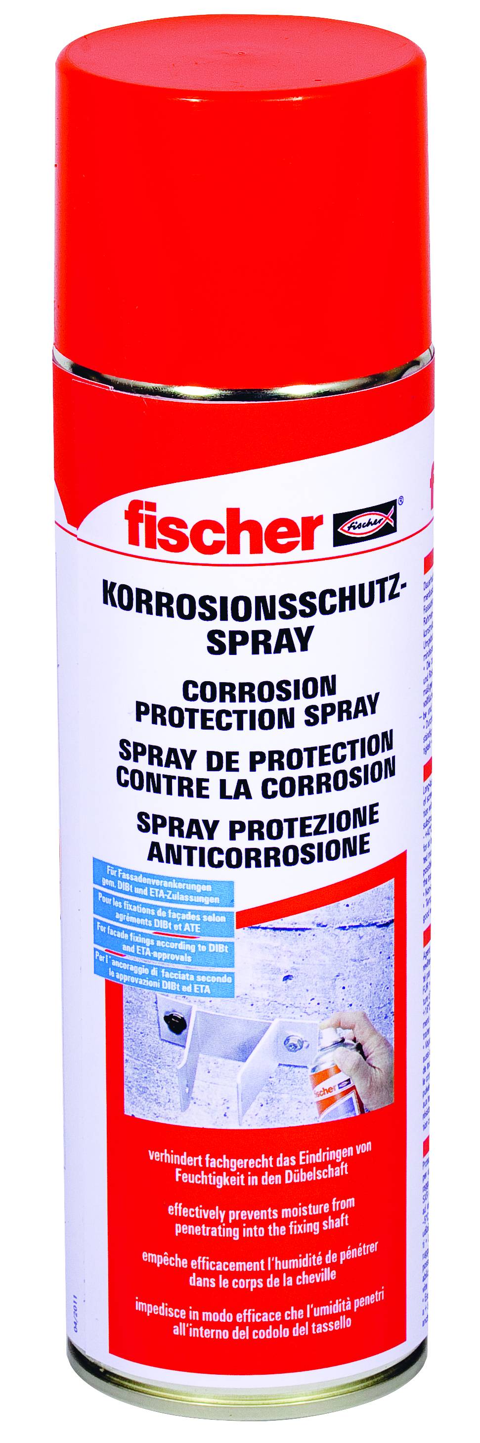 Red Fischer rostskyddssprAy i burk med vit etikett och svart text, som visar produktnamn och ett litet instruktionsfoto nära botten.
