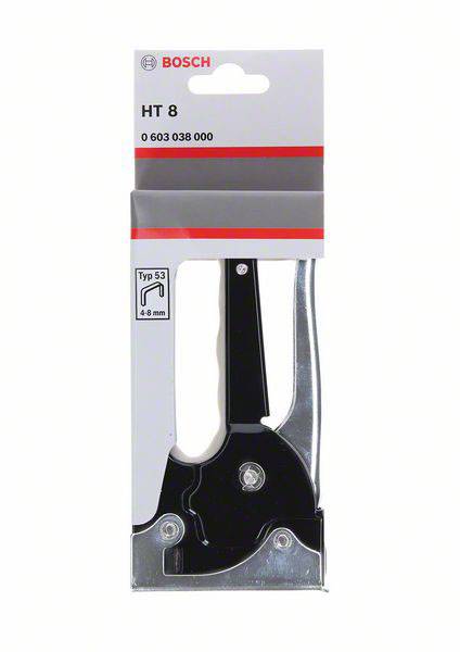 En Bosch HT 8 handtangent i originalförpackningen. Tackern är tillverkad av metall och plast och är lämplig för typ 53 häftklamrar, 4-8 mm.