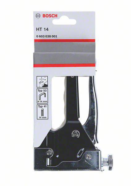 En svart och silver handtving från Bosch, modell HT 14, för tackerspik av typ 53 och 41, justerbar från 4-14 mm.