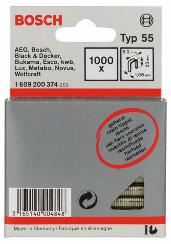 Bosch Accessories 1609200374 Klämmor med smal rygg Typ 55 1000 st Mått (L x B) 23 mm x 6 mm