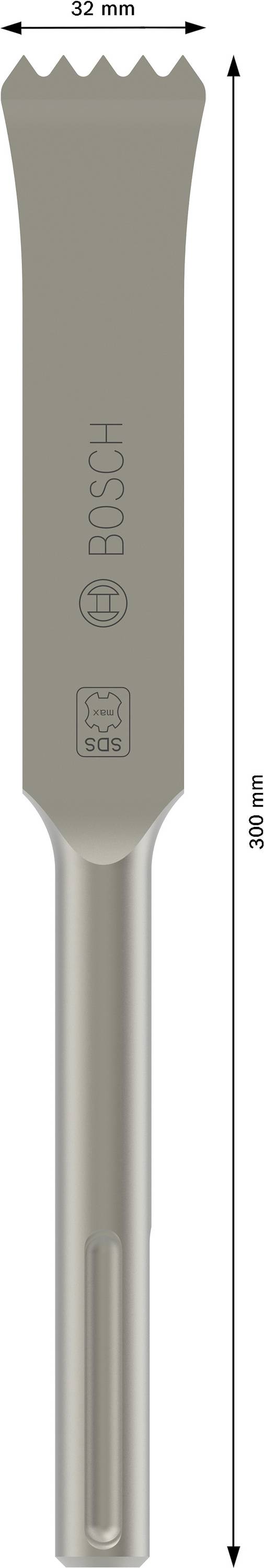 En mejsel av märket Bosch med skaft. Längd 300 mm, bredd 50 mm. Designad för bygg- eller renoveringsarbeten.