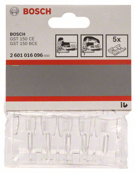 Bosch sticksågsblad, paket lämpligt för modellerna GST 150 CE, GST 150 BCE, innehåller 5 blad. Förpackningen visar delar och modellnummer.