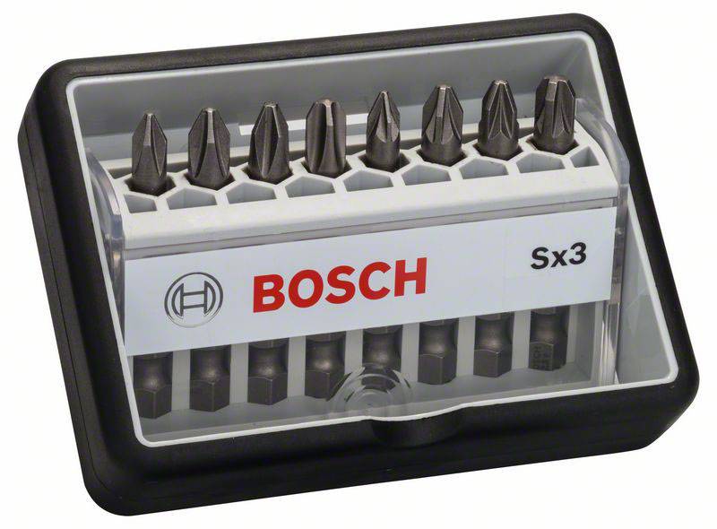 Bosch skruvmejsel-bitset Sx3 i en genomskinlig plastlåda med tio olika bits ordnade i två rader.