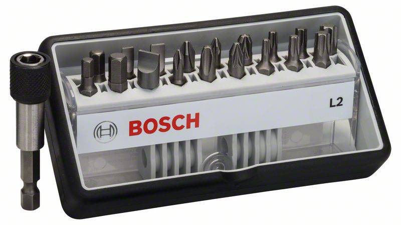 Bosch skruvbits-set L2, bestående av 10 bits i olika former och en magnetisk bithållare, i en plastlåda.