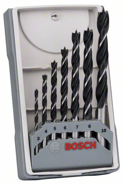 Sats metallborrar i olika storlekar, numrerade från 3 till 10, i en grå plastlåda med 'BOSCH' logotyp.