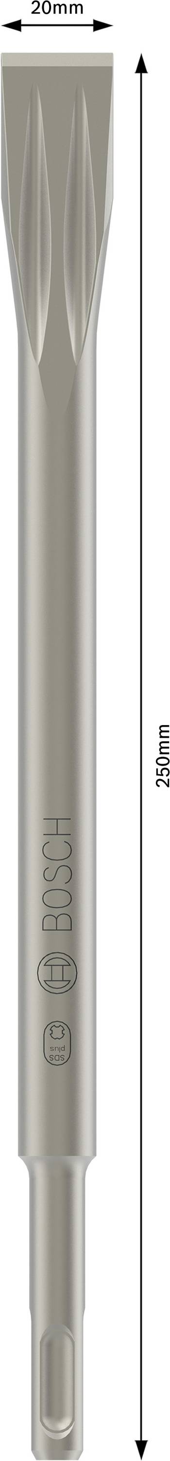 En mejsel med SDS-plus-fäste, 250 mm lång, visad bredvid måttangivelser.