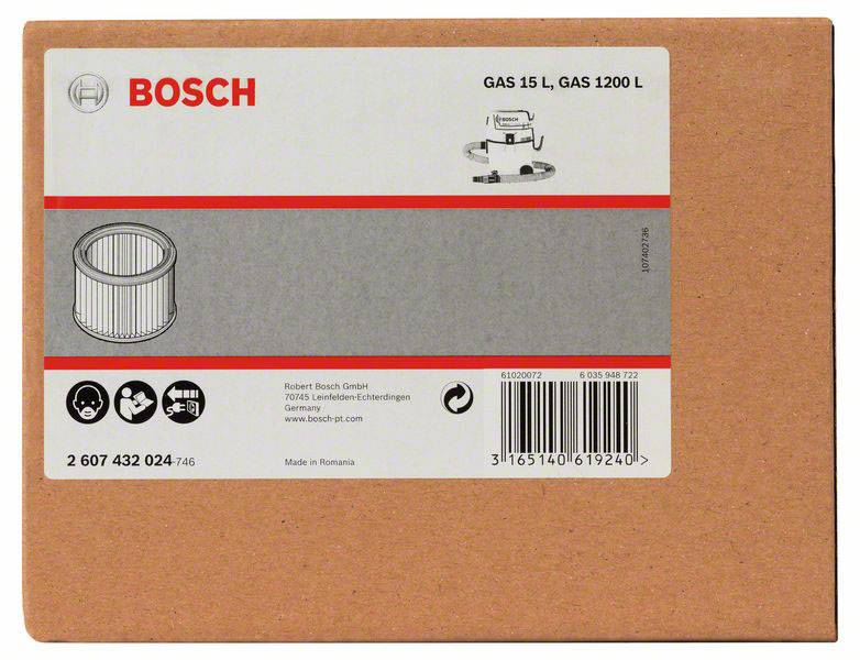 Kartongförpackning med BOSCH-logotyp och text 'GAS 15 L, GAS 1200 L'. Bild av ett filterelement och symboler som visar stegen för produktanvändning.