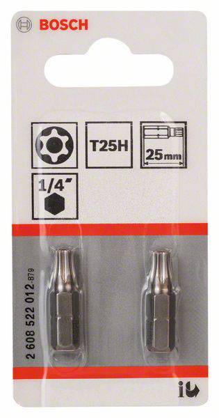 Två Bosch Torx-skruvbits T25H, 25 mm långa, passar för 1/4-tums fästen. Förpackningen visar produktinformation.