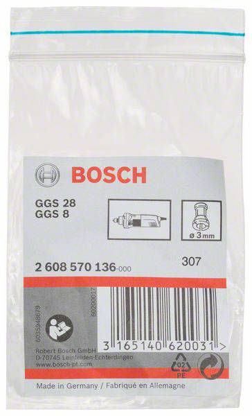 Plastförpackning med Bosch-logotyp, artikelnummer '2 608 570 136-000', bild av ett verktyg och streckkod. Tillverkad i Tyskland.