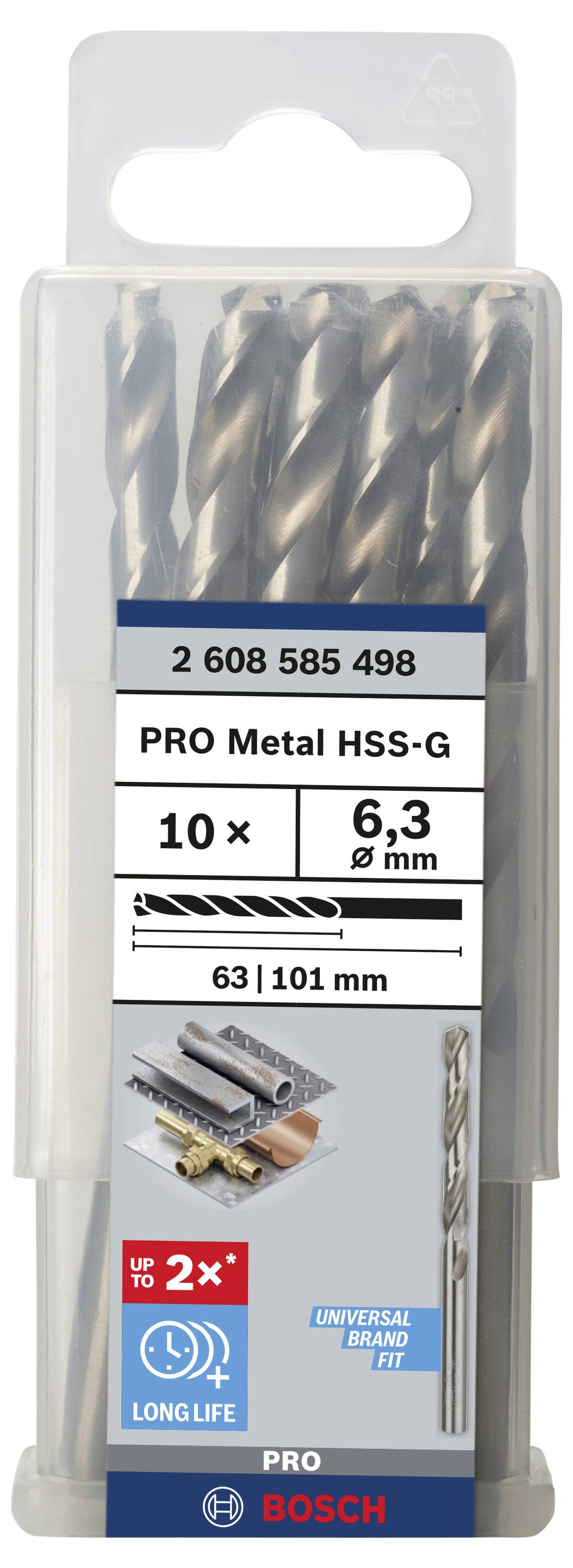 Borrspetsset från Bosch med 10 HSS-G metallborrar, storlek 6,3 mm. Förpackningen framhäver hållbarhet och mångsidighet.
