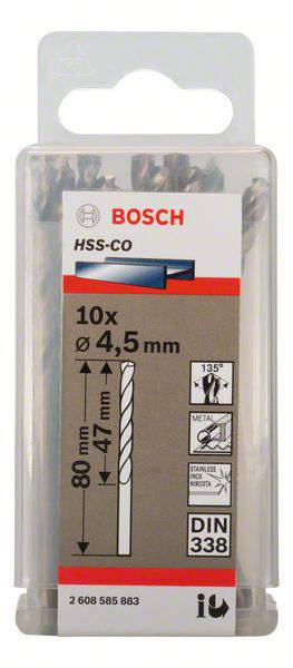 En plastförpackning innehåller tio Bosch HSS-CO metallborrar med en diameter på 4,5 mm och en längd på 80 mm.