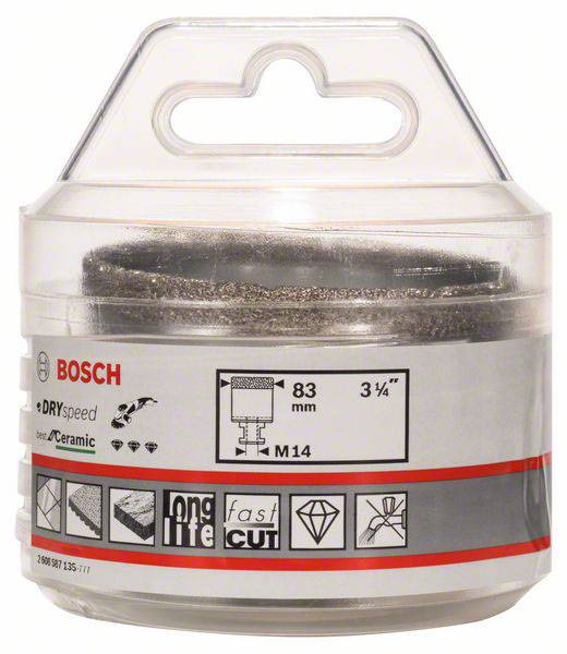 Bosch diamantborrkrona för torrborrning, 83 mm diameter, M14-gänga, lämplig för keramik, förpackning med tekniska symboler.