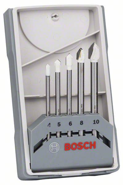 Bosch borrsats 4 till 10 mm i grå låda, fem borrar i hållare.