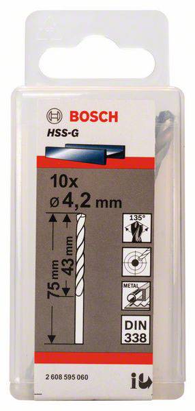 Förpackning med 10 Bosch HSS-G borrar, 4,2 mm diameter, 75 mm längd. Lämplig för metallborrning, enligt DIN 338-standard.