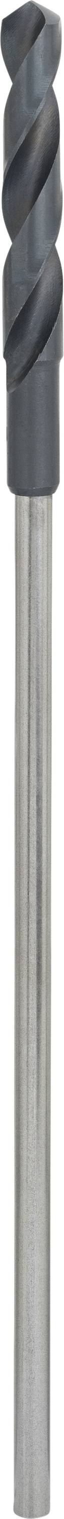En metallisk spiralborr med mörk, spiralformad skärande spets upptill och en blank, slät skaft nedtill.