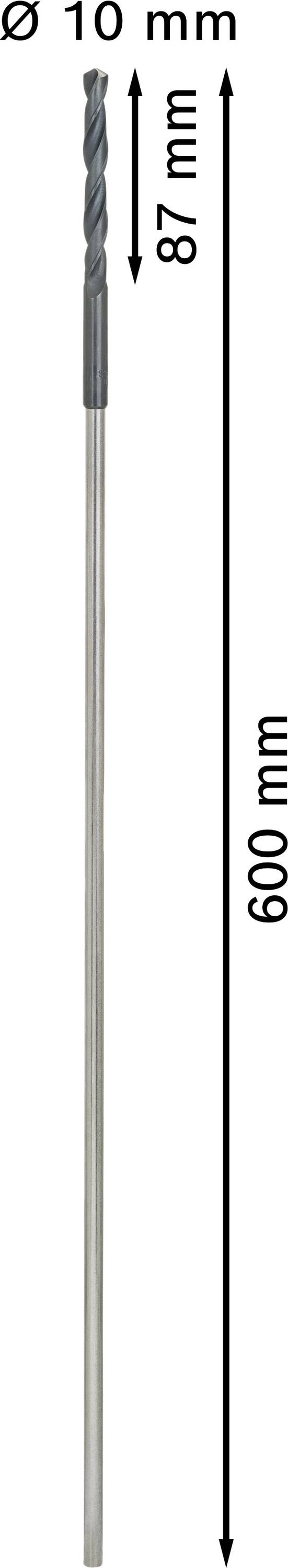 Borr med 10 mm diameter, 600 mm total längd, 87 mm spiralskärlängd.