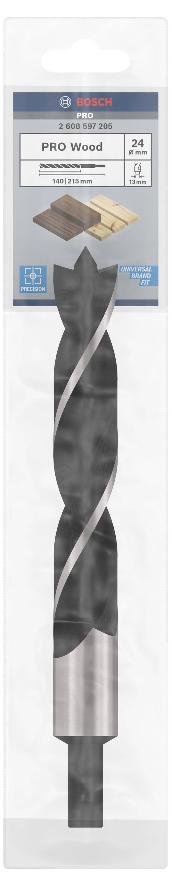 'Bosch Borr för trä, PRO Wood, Diameter 24mm' i förpackning. Lämplig för träbearbetning.